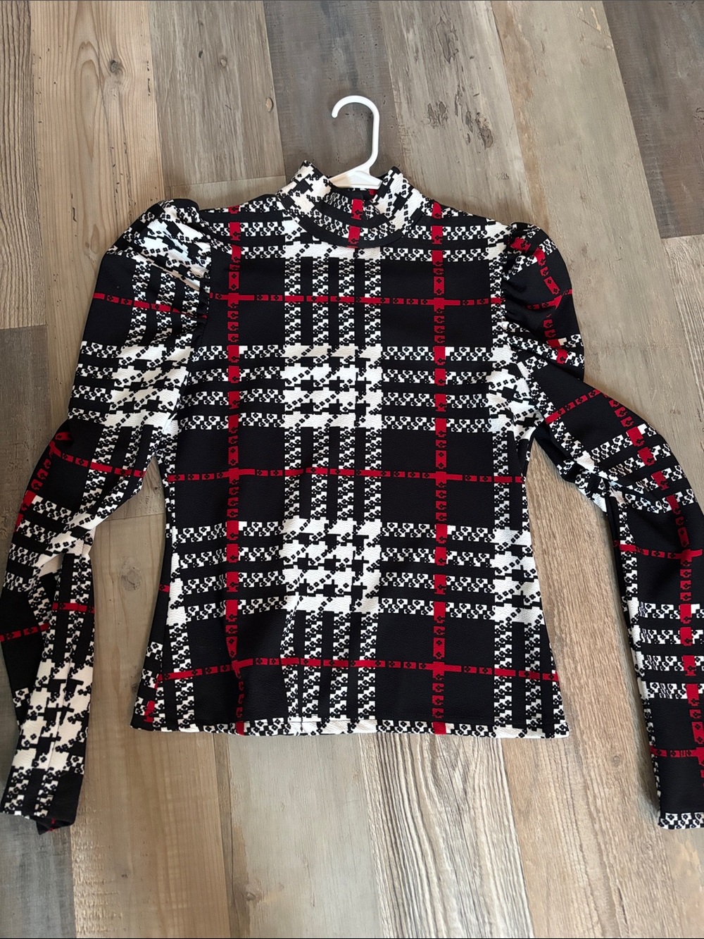 SHEIN Black White and Red Plaid Puff-Sleeve Mock Neck Sweater